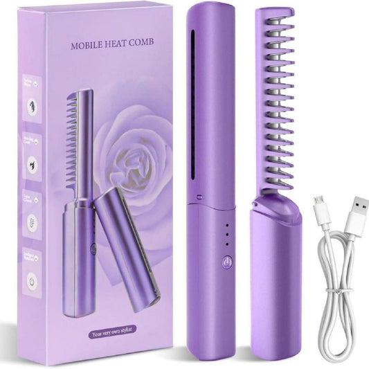 Mobile heat comb, Rechargeable Mini Hair Straightener, Travel Portable USB Charging Cordless Hair Straightener Bursh, Three Temperature Adjustments Flat Iron Comb (1 Pc)
